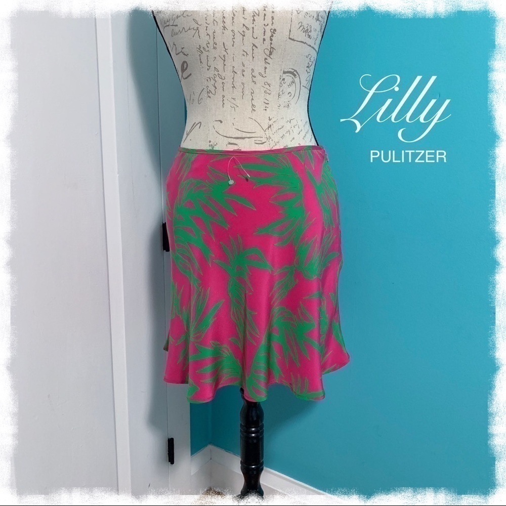 Nwot Lilly Pulitzer Hot Pink and Green Silk Skirt